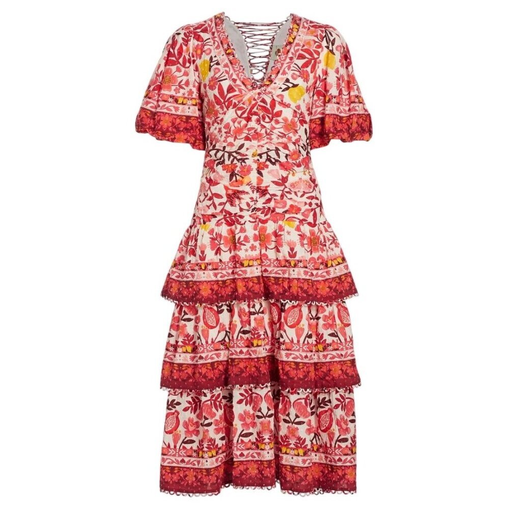 NWT Farm Rio Romantic Orchard Short Sleeve Lace-Up Midi Dress XS MSRP $315